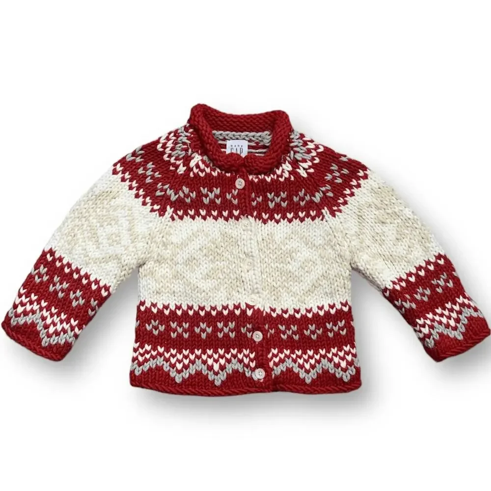 Baby GAP Fair Isle Nordic Knit Cardigan Sweater Red Cream 2 Years Wool Blend